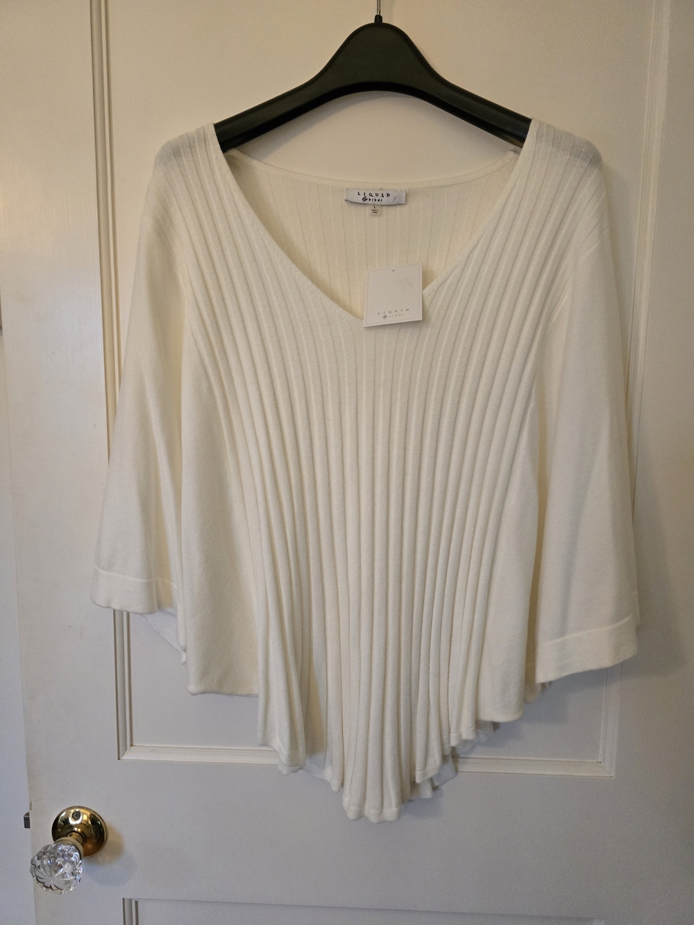 Liquid By Sioni Cream Ribbed V-Neck Draped Poncho Sweater LARGE